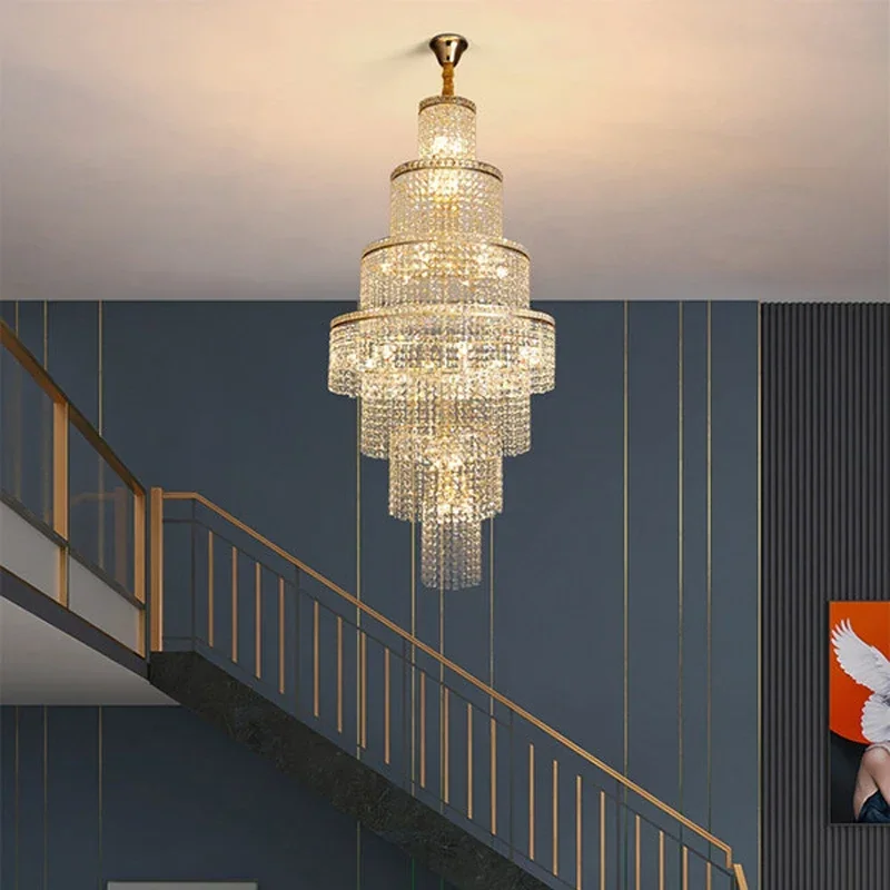 Luxury modern crystal chandelier for staircase large living room cristal lamp gold home decor hanging light villa loft lustres