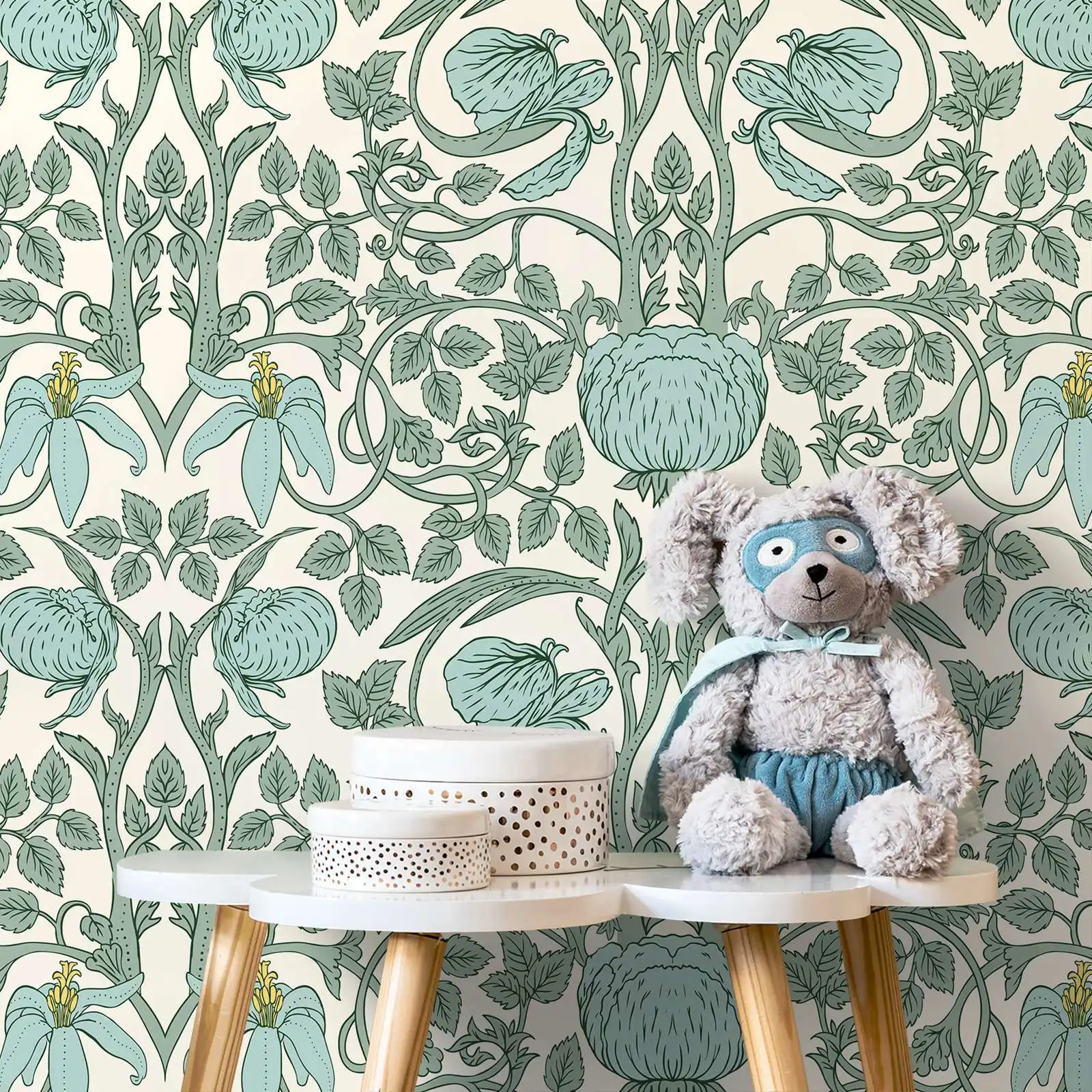 Pastel Art Nouveau Wallpaper,Peel and Stick Wallpaper For Home Decor Wall Art ,Green Color Mural Paper Or Tradiitonal Un-paste