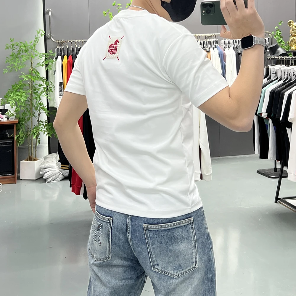 Summer New Men's T Shirt Horse Year Blessing Embroidered Short Sleeve Tees Mercerized Cotton Slim Fit Base Layer Casual Top