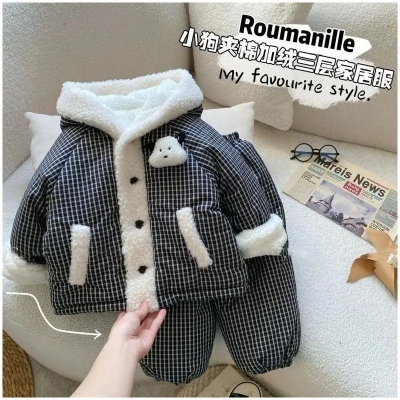 

Winter Thermal Pajamas Set for Kids Boys Girls 3 Layer Plaid Cotton Padded Loungewear Thicken Homewear Sleepwear Childrens