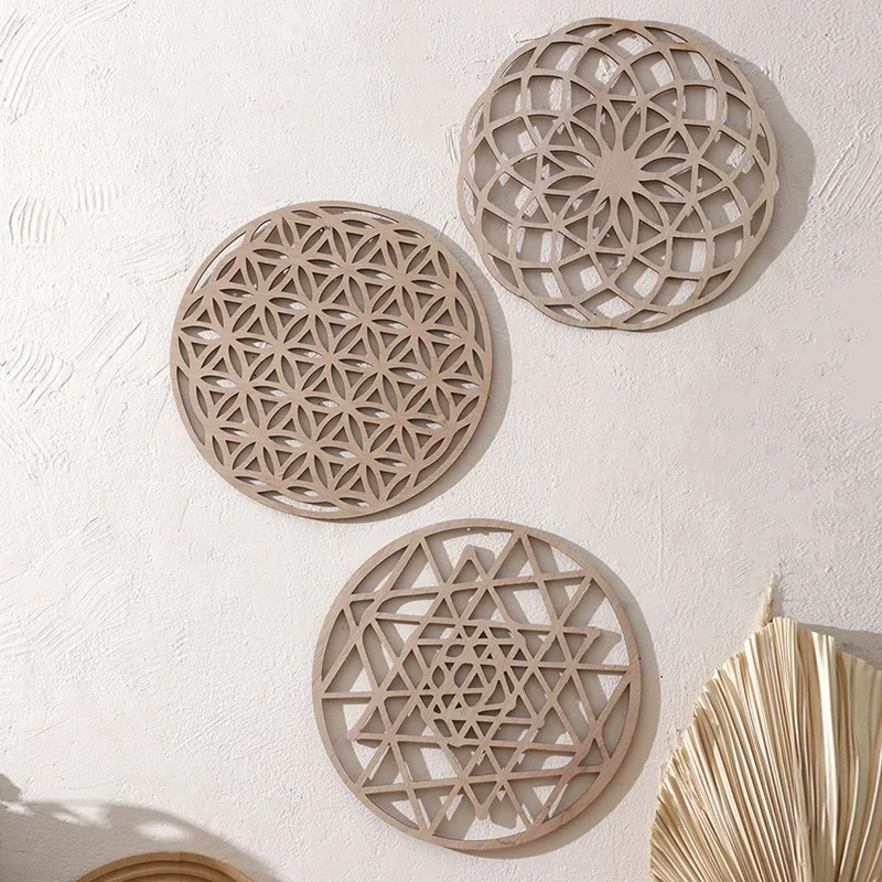 

ABBO-Bohemian Round Hollow Wood Decals European Wooden Background Wall Decoration Home Art Pendants