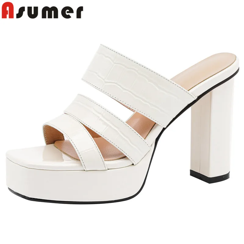 ASUMER 2024 New Square Toe Patent Leather Summer Shoes Thick High Heels Platform Slippers Ladies Solid Slippers Woman