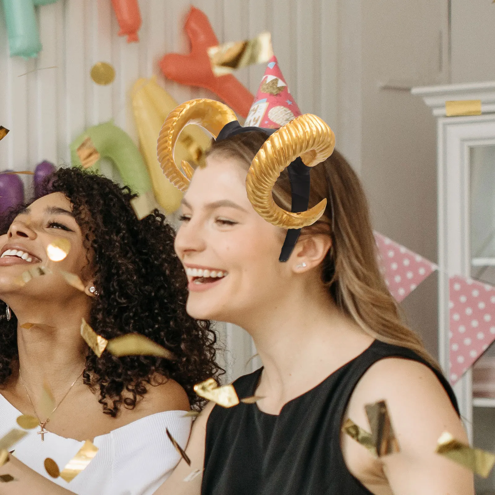 

Golden Horn Shape Hair Hoops Wide-Edge Headband for Cosplay Party Exaggerated Headdress Women Men Festival Decorative Photo