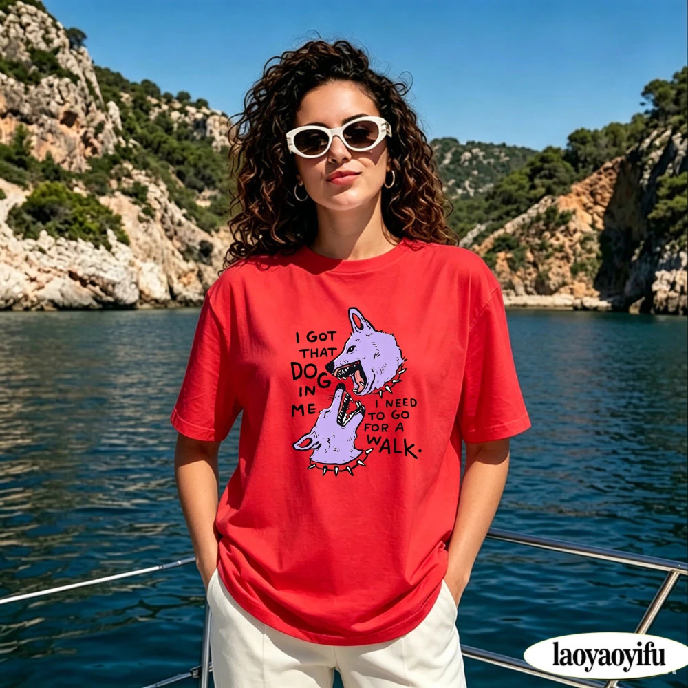 Funny Purple Dog Walking Meme Graphic T Shirt Women Summer Cartoon Animal Slogan Tee Casual Humor Puppy Lover Clothes