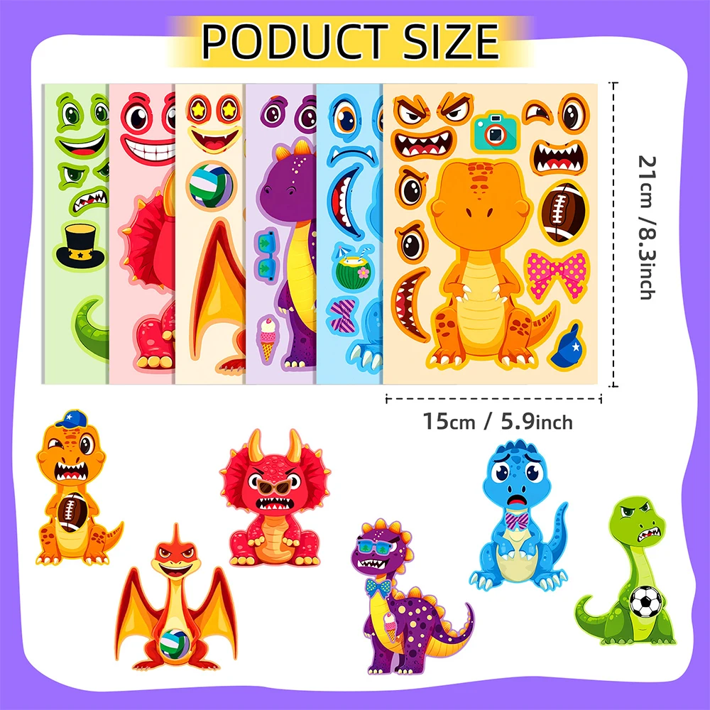 6/12sheets DIY Make a Face Dinosaur Puzzle Stickers Cute Children Assemble Jigsaw Cartoon Decals Kid Education Toy Party Gift