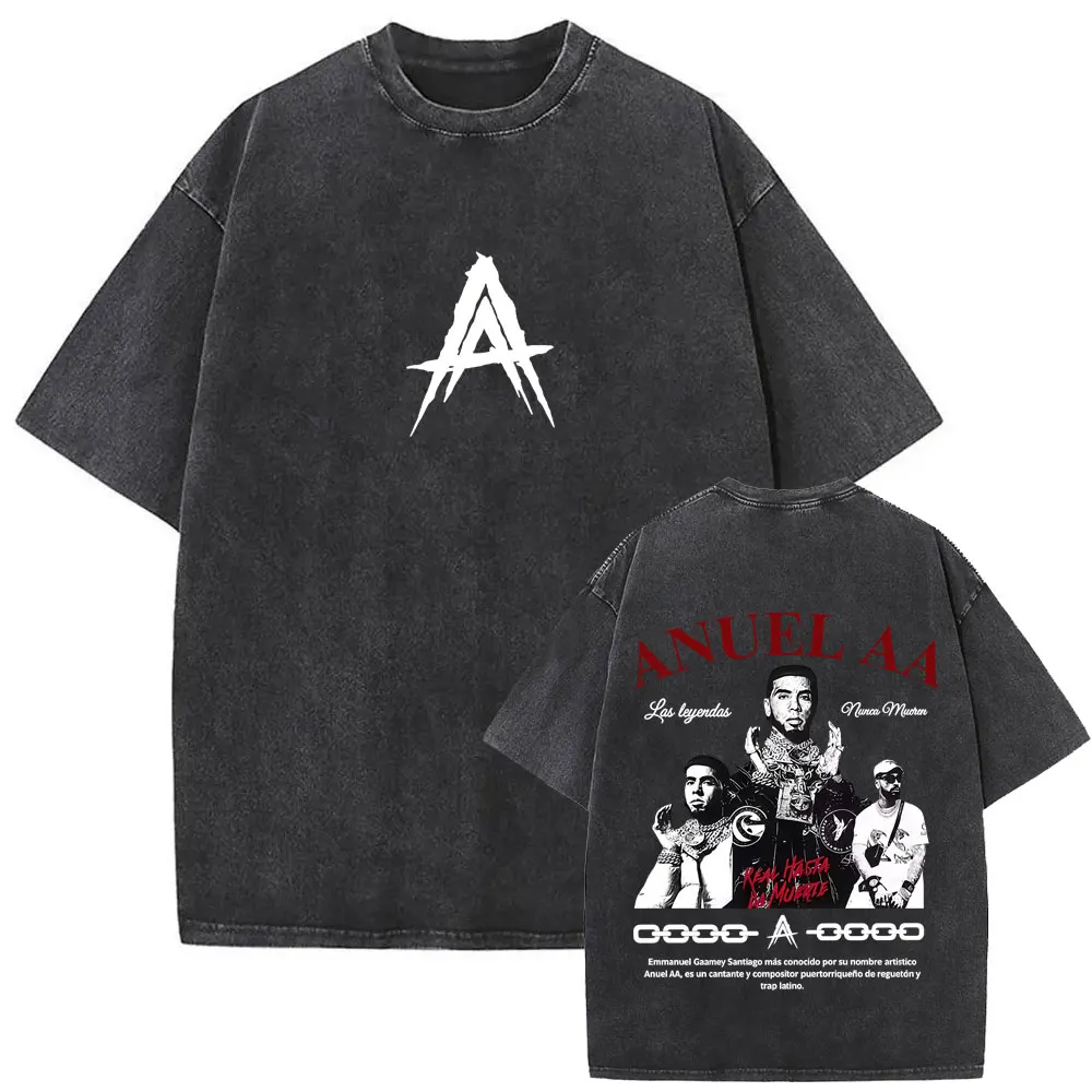Rapper Anuel AA Rhlm 2 Tour Washed Vintage T Shirt Men Women Hip Hop Fashion Oversized T-shirt Men's Casual 100% Cotton T-shirts