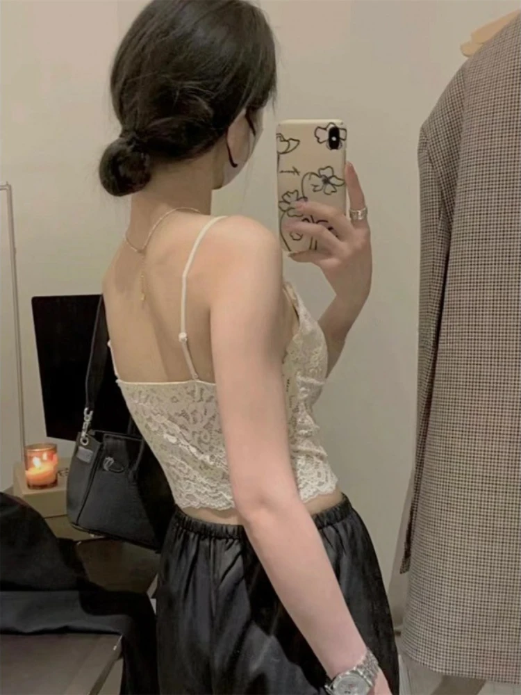 Deeptown Y2k Top Lace Camis Backless Crop Tops Coquette Comfortable Bralette Sleevelss Open Back Tank Top Street Wear.
