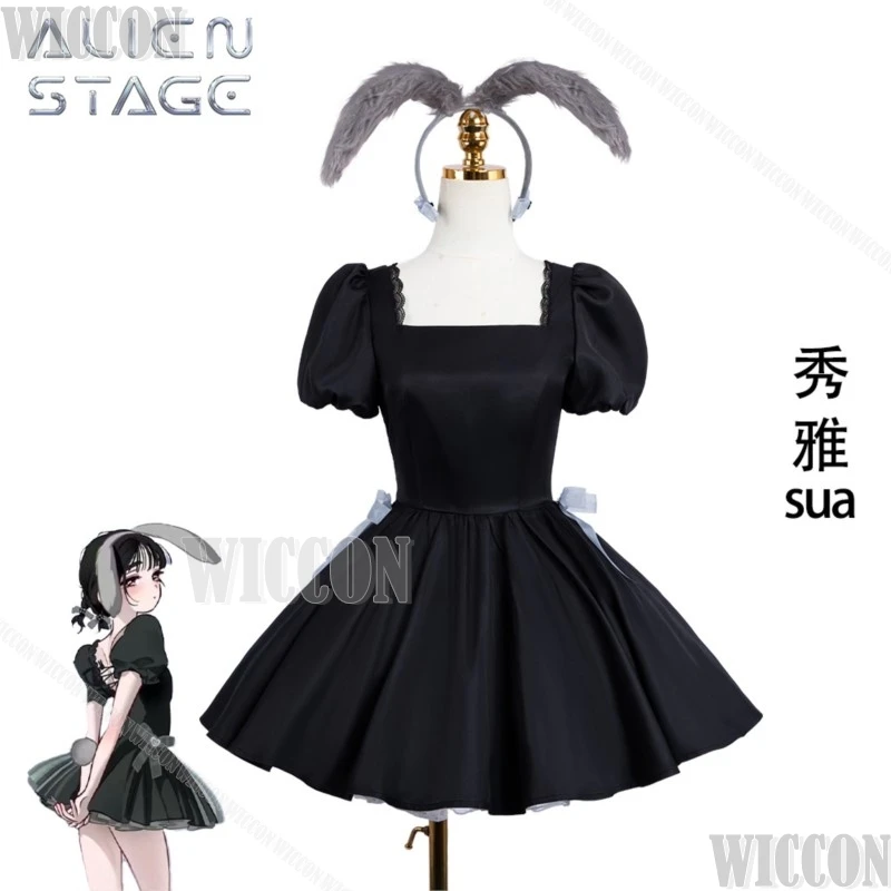Sua Cafe Activity Ailien Stage Anime Cosplay Clothes فستان سهرة أسود آذان أرنب أغطية الرأس فتاة البدلة شعر مستعار هالوين كوميك كون