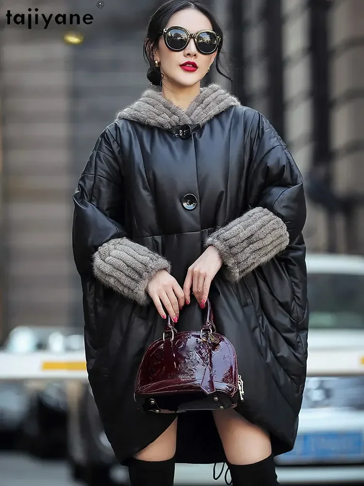 Tajeyane-Chaqueta de piel de oveja auténtica para mujer, abrigo holgado con capucha y manga de murciélago, Cuello de piel de visón, Invierno