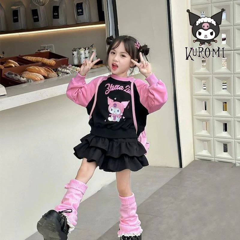 

Sanrios Kuromi Kawaii Kids Sportswear Suit Outdoor Comfortable Long Sleevetop Sweatpants Set Autumntop Skirtsuit Girls Clothing