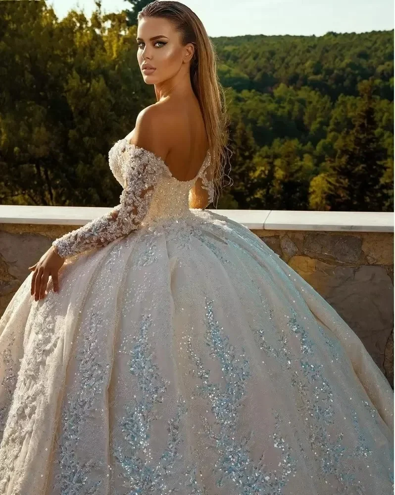 Customized Gorgeous Sweetheart Lace S Wedding Dresses Sweep Train Ballgown Off The Shoulder Full Beads Bridal Gowns