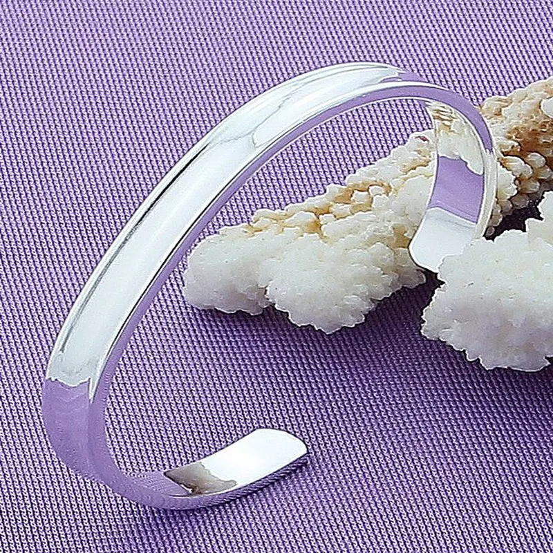 

925 Sterling Silver Smooth Round Open Bracelets Bangles For Women Minimalism Lady Fashion Wedding Engagement Jewelry