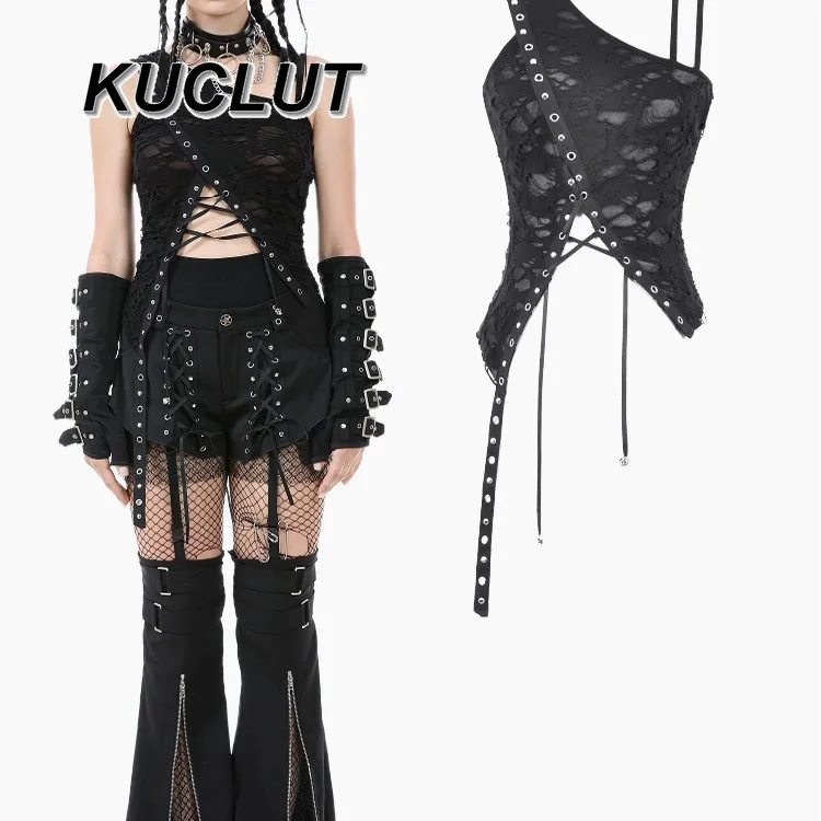 

Y2k готическая женская одежда, летняя асимметричная рябь в стиле панк, ажурная майка, модные сексуальные кофточки для женщин, новинка 2023 года