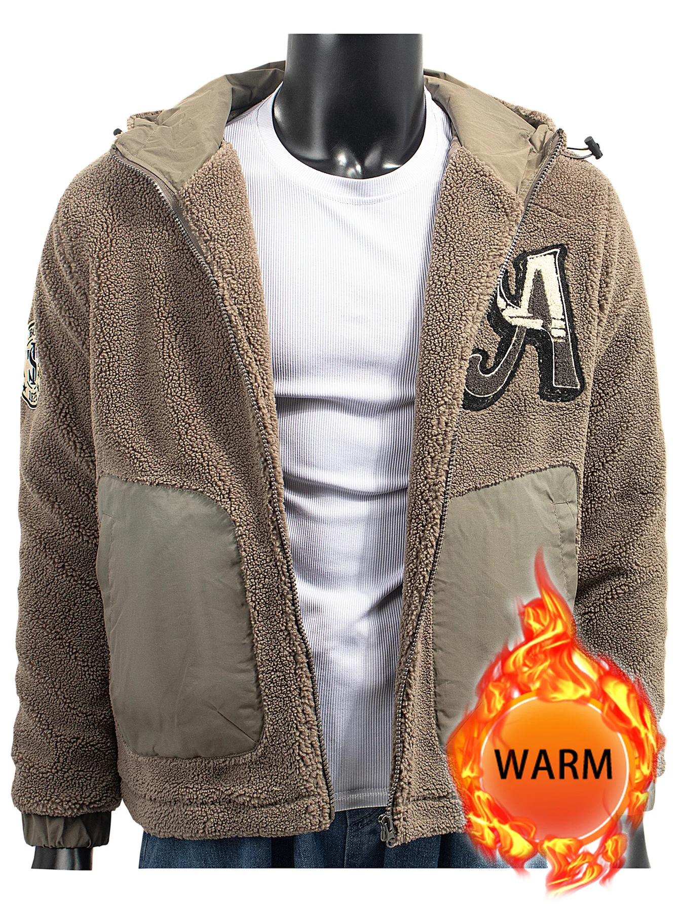 

Men's Fleece Hooded Zip Jacket Thickened Warm Autumn&Winter Stretch Cuffs with Pocket Outerwear Patchwork Embroidery Casual Coat