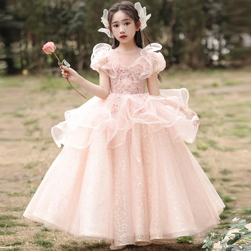 

Sequin Girl Princess Dress Bubble Sleeves Girls Evening Dresses Fairy Elegant Long Costume Waist Tight Child Maxi Vestidos