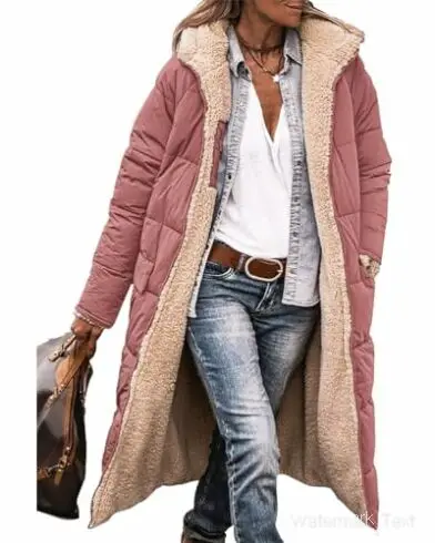 Women\'s 2024 Warm Winter Coats Reversible Sherpa Fleece Long Hooded Puffer Jackets Outerwear 142857