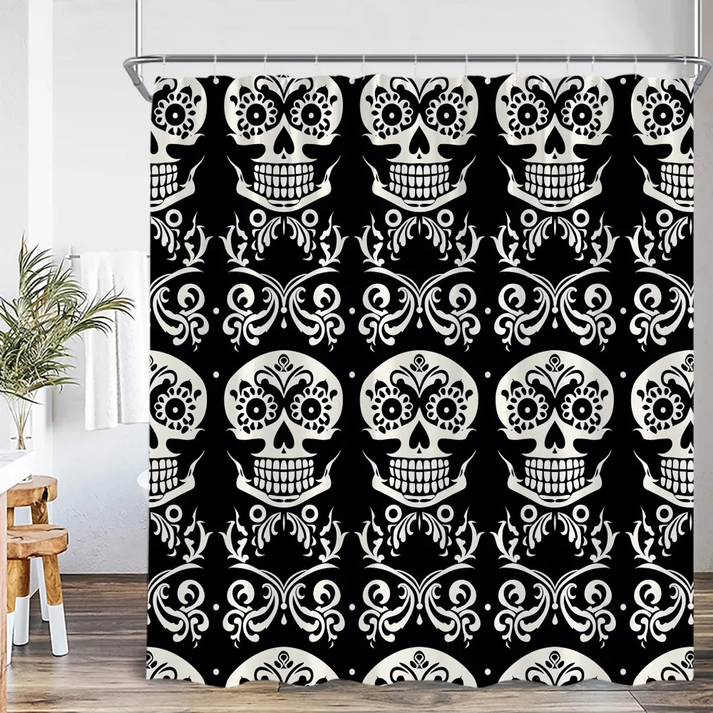 Skeleton Vintage Floral Shower Curtain Happy Halloween Skull Bat Full Moon Night Bathroom Decor Retro Polyester Bathtub Curtain