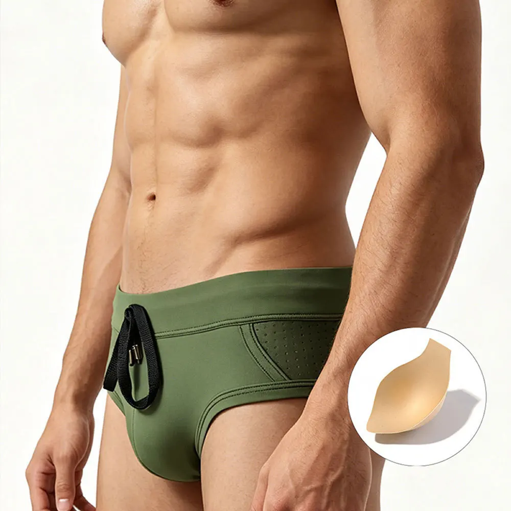2026 Summer Men's Solid Color Swim Trunks Mesh Splicing Swimwear Sexy Beach Shorts Quick-dry Swimming Briefs Maillot De Bain