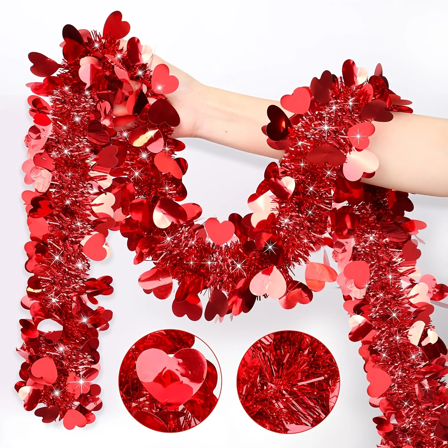 2Pcs Total  400cm/157inch Valentines Heart Tinsel Garland for Indoor Outdoor Holiday Wall Tree Wedding Party Home Ornaments Even