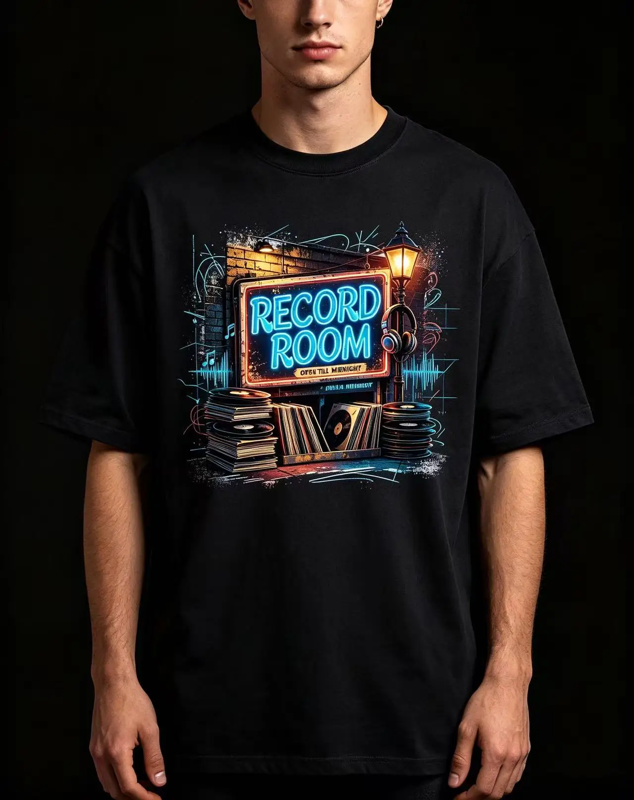 Unisex Record Room Vinyl Record Neon Sign Graphic T Shirt Men Women Retro Street Lamp Music Graffiti Print Oversized Crew Neck Cotton Top