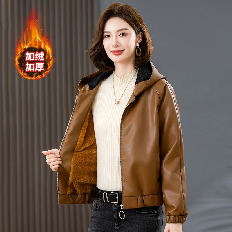 الخريف الشتاء المخملية الدافئة تقليد سترة جلدية النساء ملابس خارجية موضة قصيرة فضفاضة مقنعين سترة جلدية الإناث بلايز عادية #2