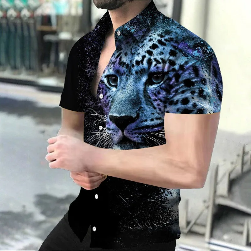 

2023 Summer New Large Men's Round Neck Animal Tiger and Leopard 3D Printed Brand Shirt, Intense Fashion Trend