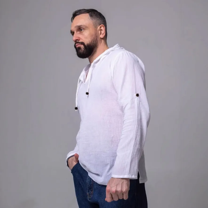

2026 New Men's Hooded Outdoor Shirt, Solid Color Cotton Linen Thin Loose Fit Casual Shirt