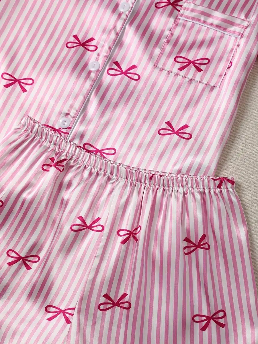 2pcs Striped Bowknot Print Satin Pajama Set For Women Short Sleeve Top Elastic Waist Shorts
