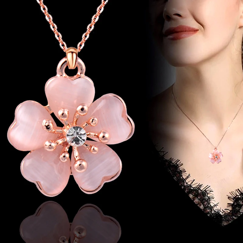 

SINLEERY Fashion Solid Pink Opal Plum Flower Pendant Necklace Rose Gold Color Wedding Jewelry For Women Girl XL260