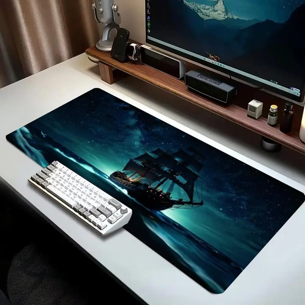 Ghost Pirate Ship Extended Gaming Mouse Pad Non‑Slip Desk Surface Nebula Starry Ocean Vintage Fantasy Art Print For Gaming Setup