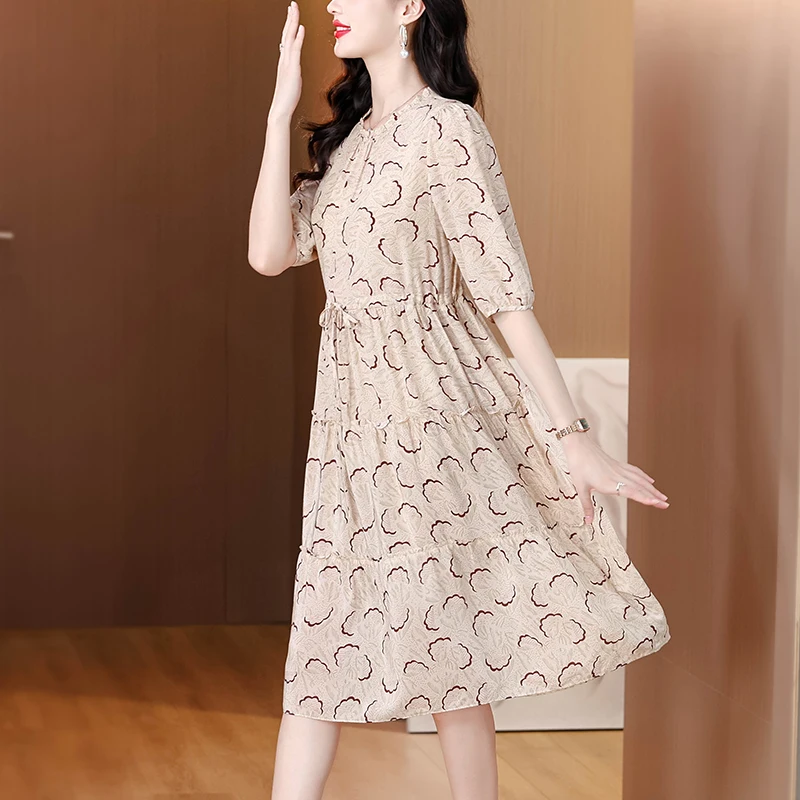 2025 Summer Luxury Silk Casual Midi Dress Women's Vintage Print Beach Elegant Evening Dress Spring Holiday Boho Hepburn Vestidos