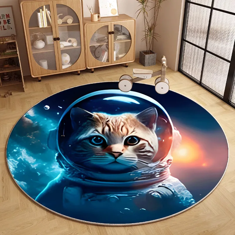 Cute Cartoon Astronaut Cat Round Rug Soft Non-Slip Floor Mat Space Cat in Helmet Galaxy Carpet for  Gaming Room