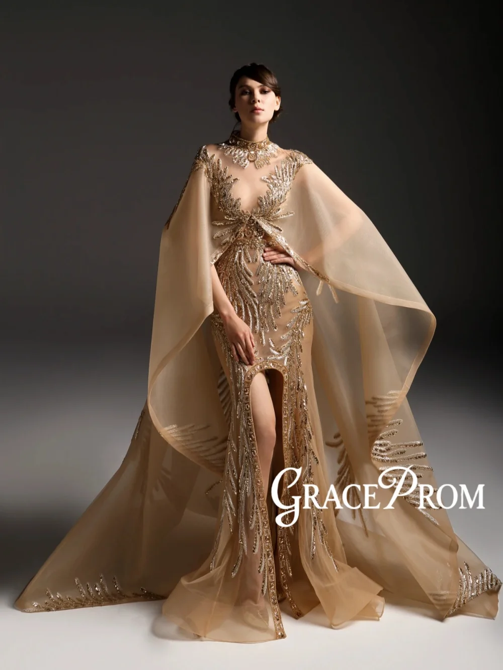 

Formal Luxury Beaded Evening Dress With Cape Sexy Illusion High Collar Wedding Party Gowns Customized Captivating Banquet Gowns