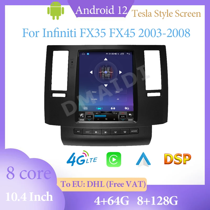 

Android 12 GPS Navigation 10.4" 128G Radio Multimedia Player Wireless Carplay Auto Bluetooth For Infiniti FX FX35 F45 2003-2008