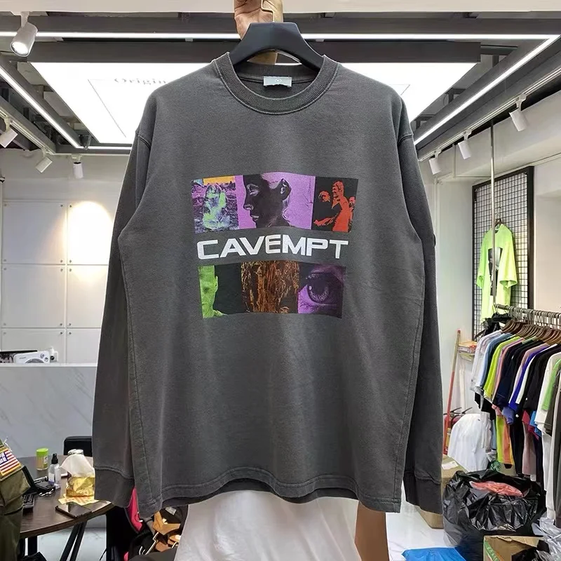 

Oversized 2024ss CAVEMPT Washed Vintage Print Long Sleeve Sweater For Men Women High Quality Cotton Pullover Sweatshirt