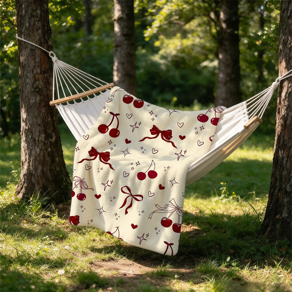 Cherry Ribbon Flannel Blanket Warm Soft Halloween Christmas Couch Warm Cozy Decorative Decor Gift for All Season