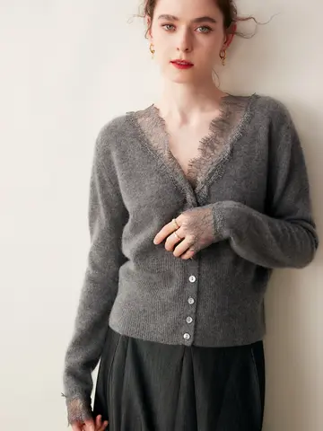 새로운 세련된 여성 100% 캐시미어 스웨터 레이스 디자인 카디건 사무실 레이디 그레이스 캐시미어 니트 가을 겨울