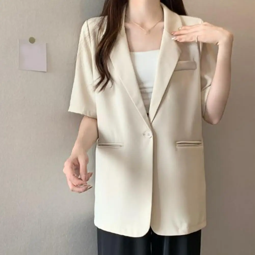 Button-front Suit Jacket Elegant Women's Short-sleeved Suit Coat with One Button Closure Versatile Solid Color for Casual