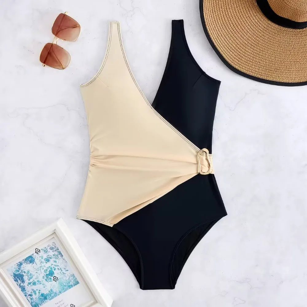 Oval One Piece Swimsuit Female Swimwear Women Patchwork Bathing Suits Summer Beach Wear Tummy Control Monokini Swimming Suit