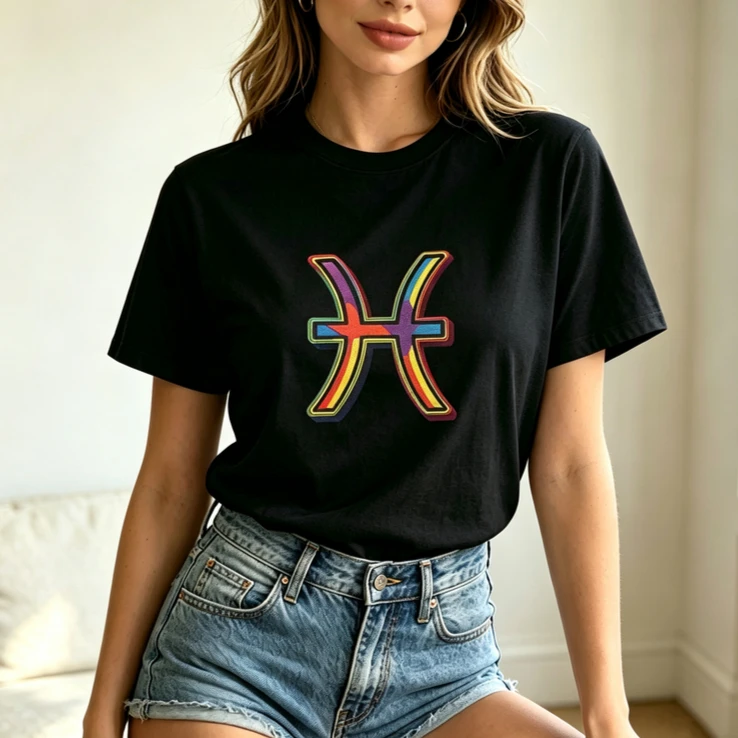 Unisex Pisces Zodiac Birthday Gift T Shirt Vibrant Colorful Symbol Short Sleeve Cotton Tee Casual Astrology Enthusiast Tops Y2k