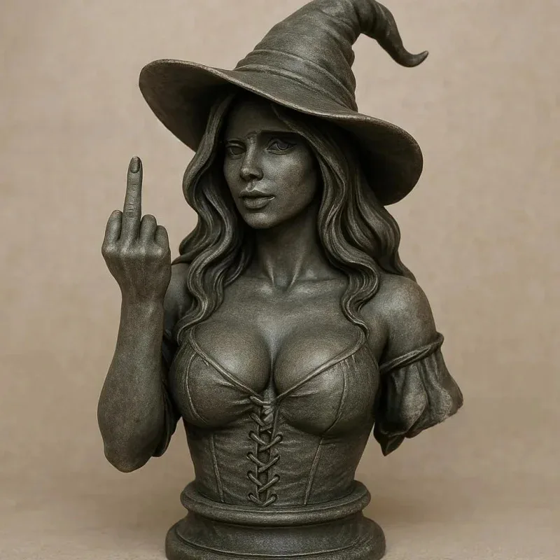 

Weird middle-finger witch half-figure statue as a tabletop decoration item or accessory.