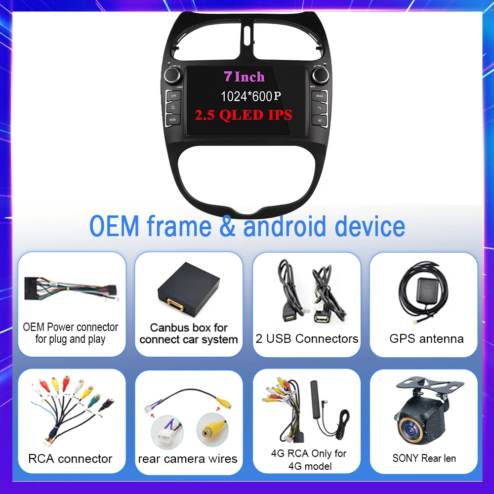 7 Android 12 CarPlay for Peugeot 206 2000-2008