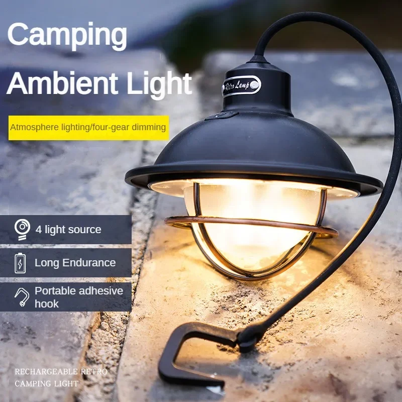 Outdoor Retro Rope Camping Lantern Type-C Rechargeable Waterproof Portable Lamp 3 Lighting Modes Stepless Dimming Ambient Light