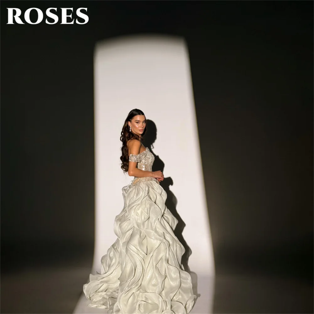 ROSES Ivory Party Dress Off Shoulder Evening Dress Glitter Crystal فستان سهرة Ruffled Prom Gown for Women Customized