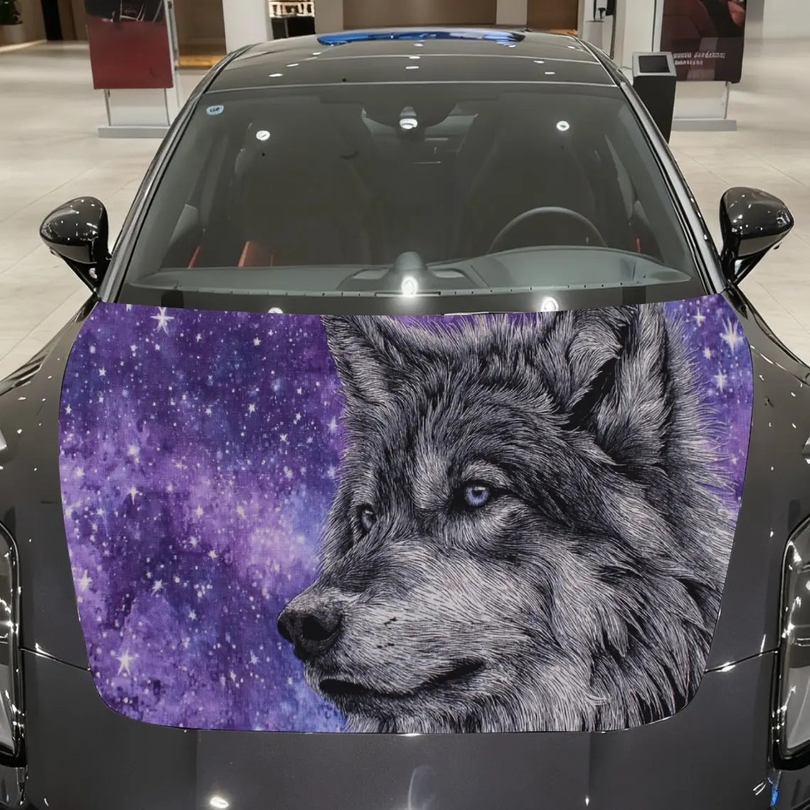

Автомобильные наклейки Волк в фиолетовой звездной сцены крупным планом с реалистичным мехом и космическим визуальным алюзиром, наклейка на капот автомобиля, водонепроницаемая сел