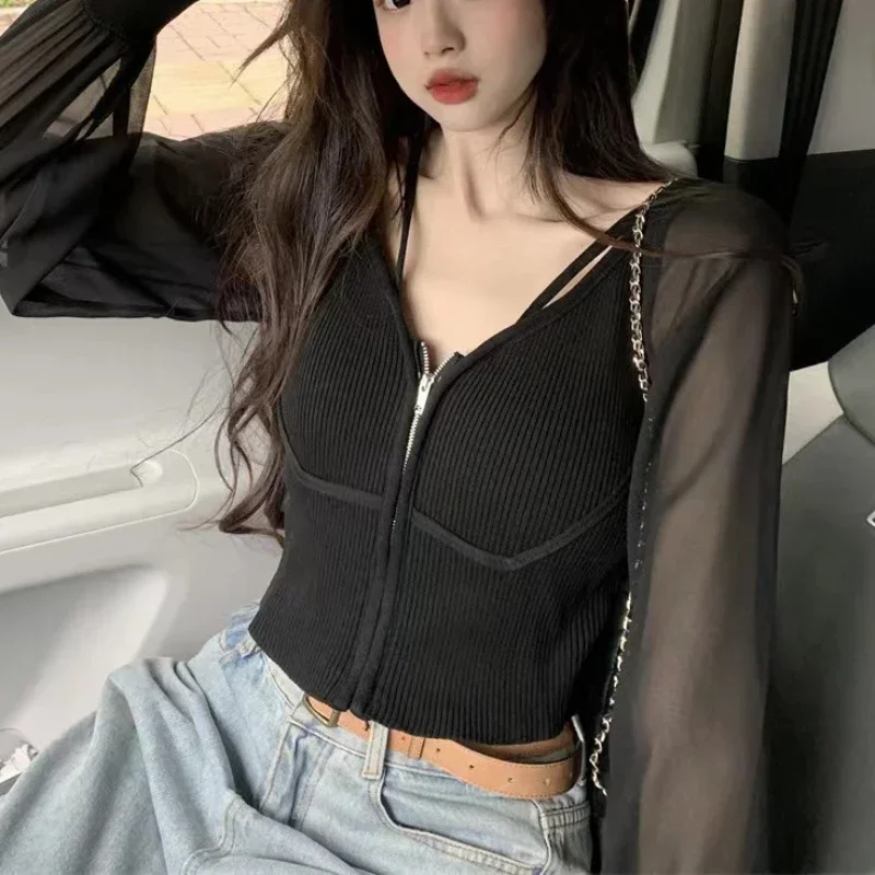 

Женская одежда, трикотаж, укороченный кардиган, пальто, туника с v-образным вырезом, модный корейский повседневный лоскутный вязаный свитер на молнии