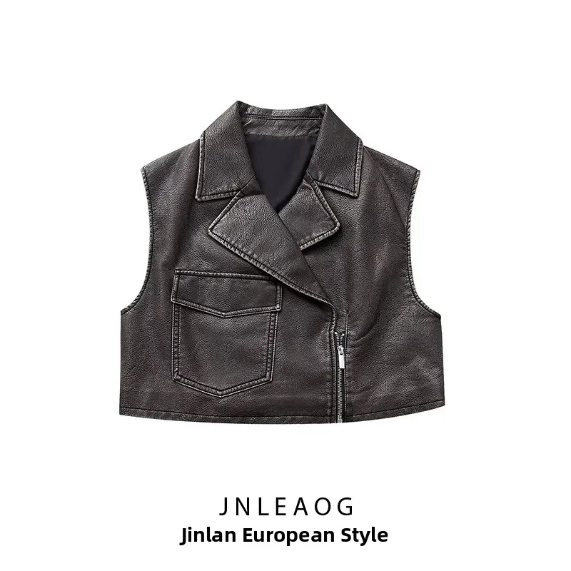 Jnleaog colete curto de couro sintético, moda fena, outono, novo estilo, versátil, gola de terno, zíper, cor pura, fibra ...