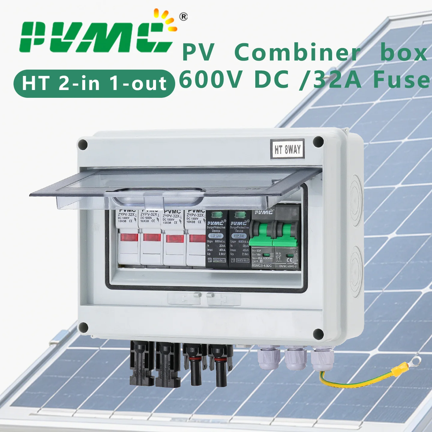 

2 in 1 out DC 600V Solar photovoltaic PV Combiner Box With Lightning Protection 32A Fuse MCB SPD Waterproof IP65 Distribution