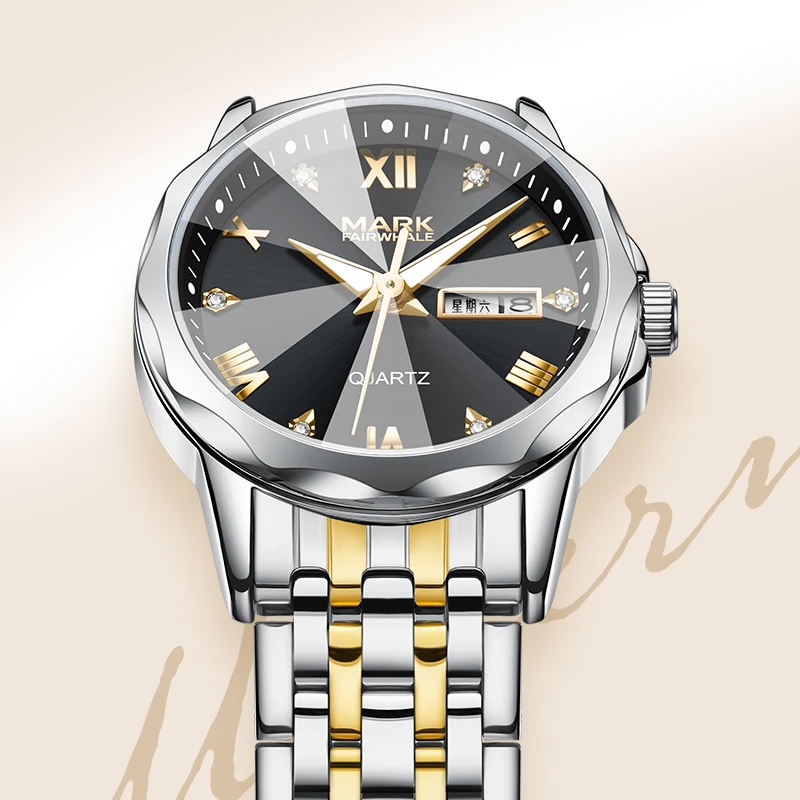 Mark Fairwhale FW-3030 Luxury Two-Tone Stainless Steel Women's Watch with Date & Day Display 3ATM Waterproof