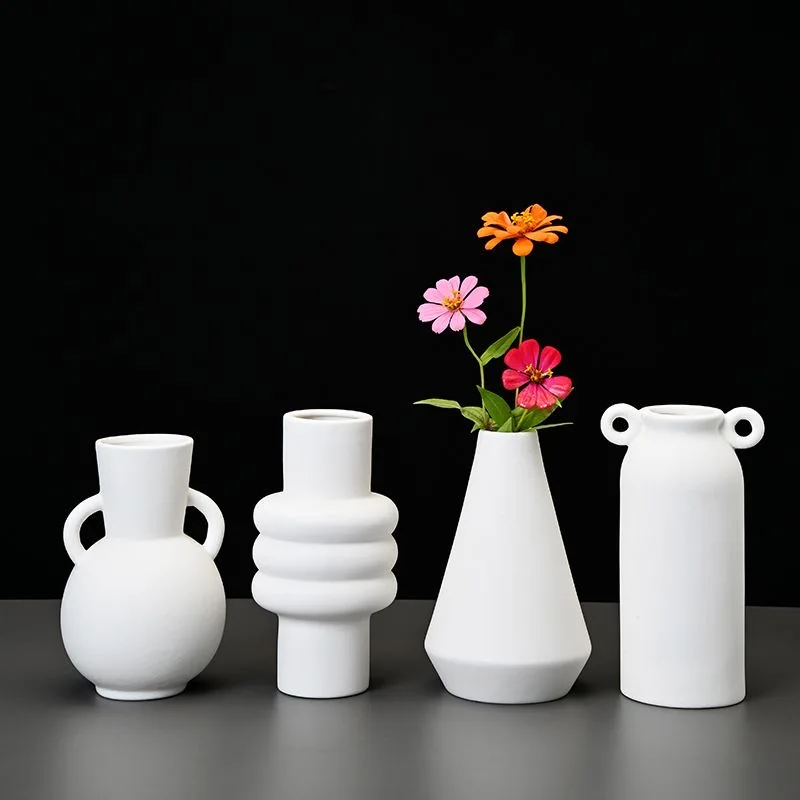Modern Minimalist White Matte Ceramic Vase Set Geometric Shaped Raw Clay Flower Vase Dried Fresh Flower Vase Home Decor Ornament